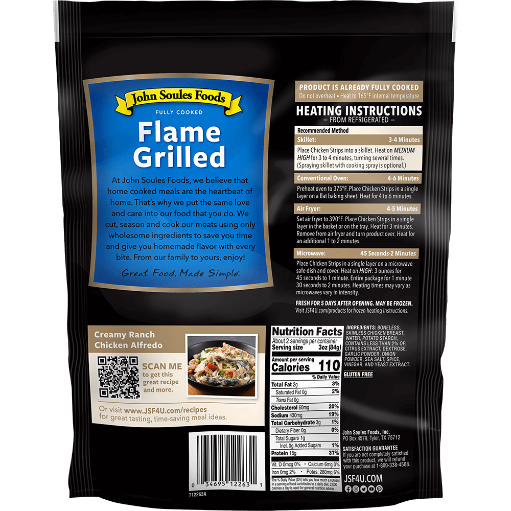 JSF Flame Grilled Chicken back of bag with nutrtion facts