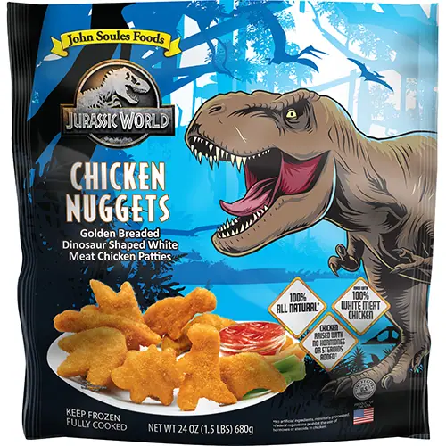 Packaging for Jurassic World Chicken Nuggets with a photo of dinosaur-shaped nuggets and a drawing of a t-rex on the front