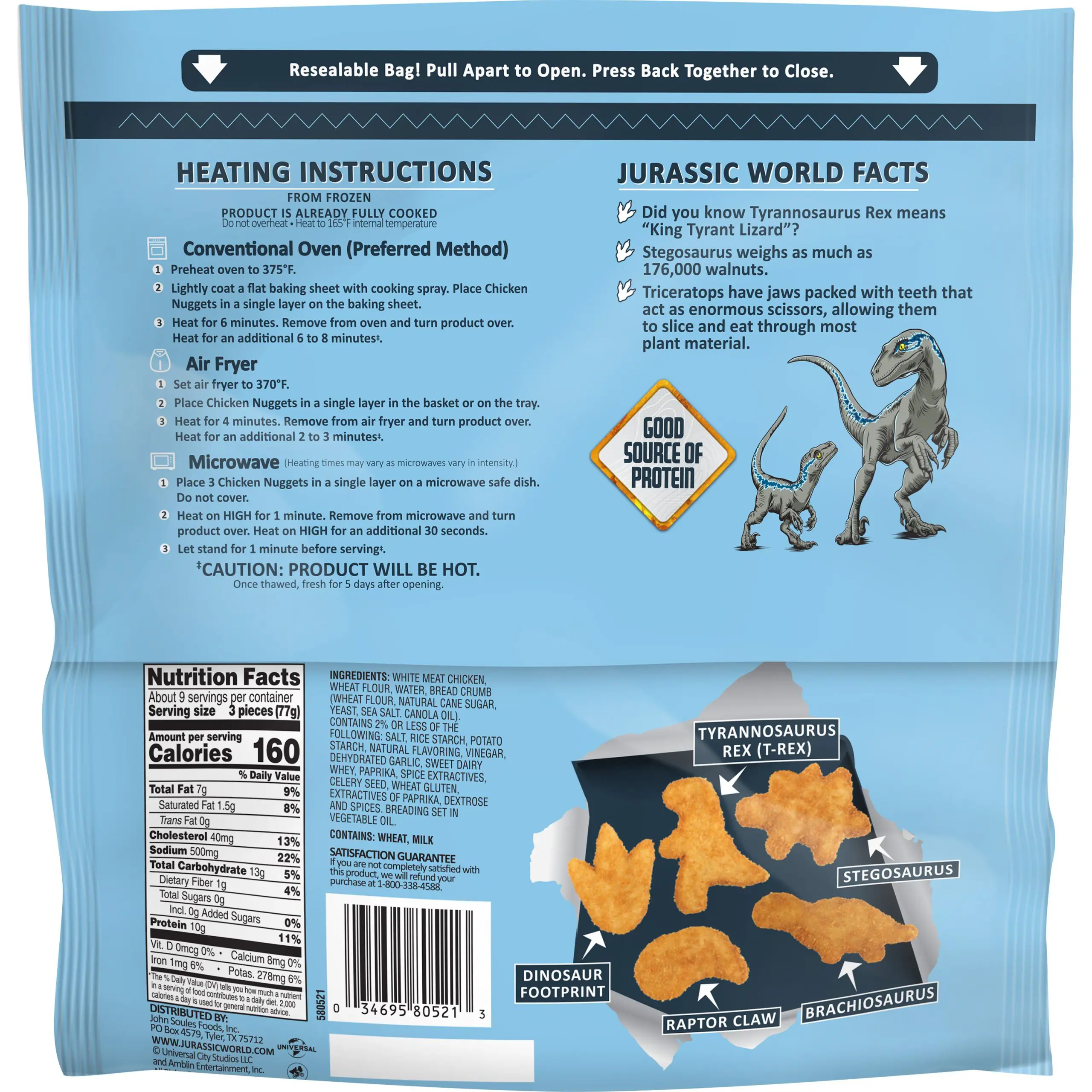 Back of packaging for Jurassic World Chicken Nuggets from John Soules Foods